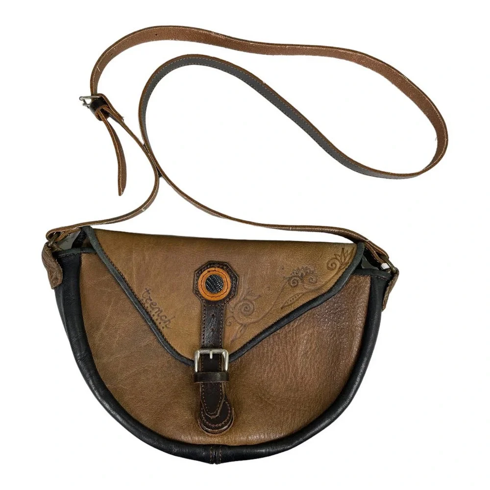 Artisan Tooled Leather Crossbody Bag Brown Butter Soft Utility Grunge Boho - Picture 1 of 5
